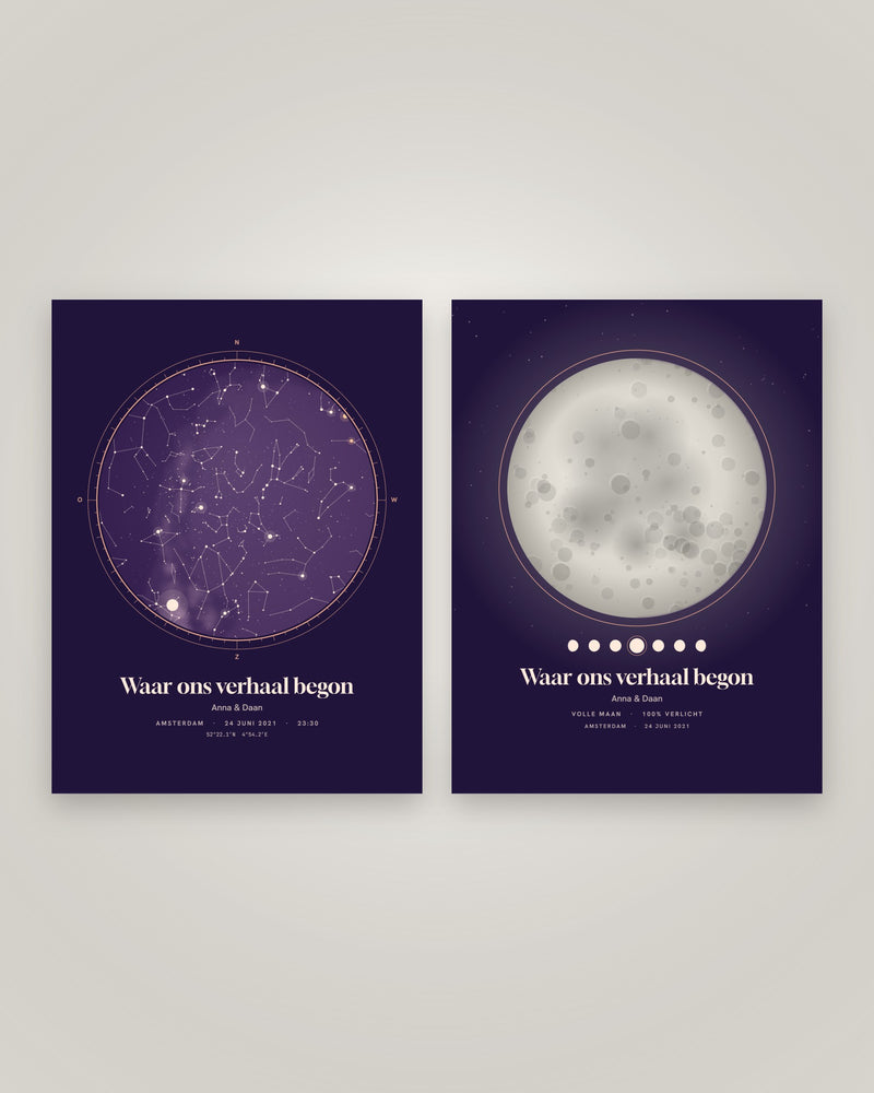 Het ontwerp van de duo-set: sterrenkaart en maanfaseposter van dezelfde nacht