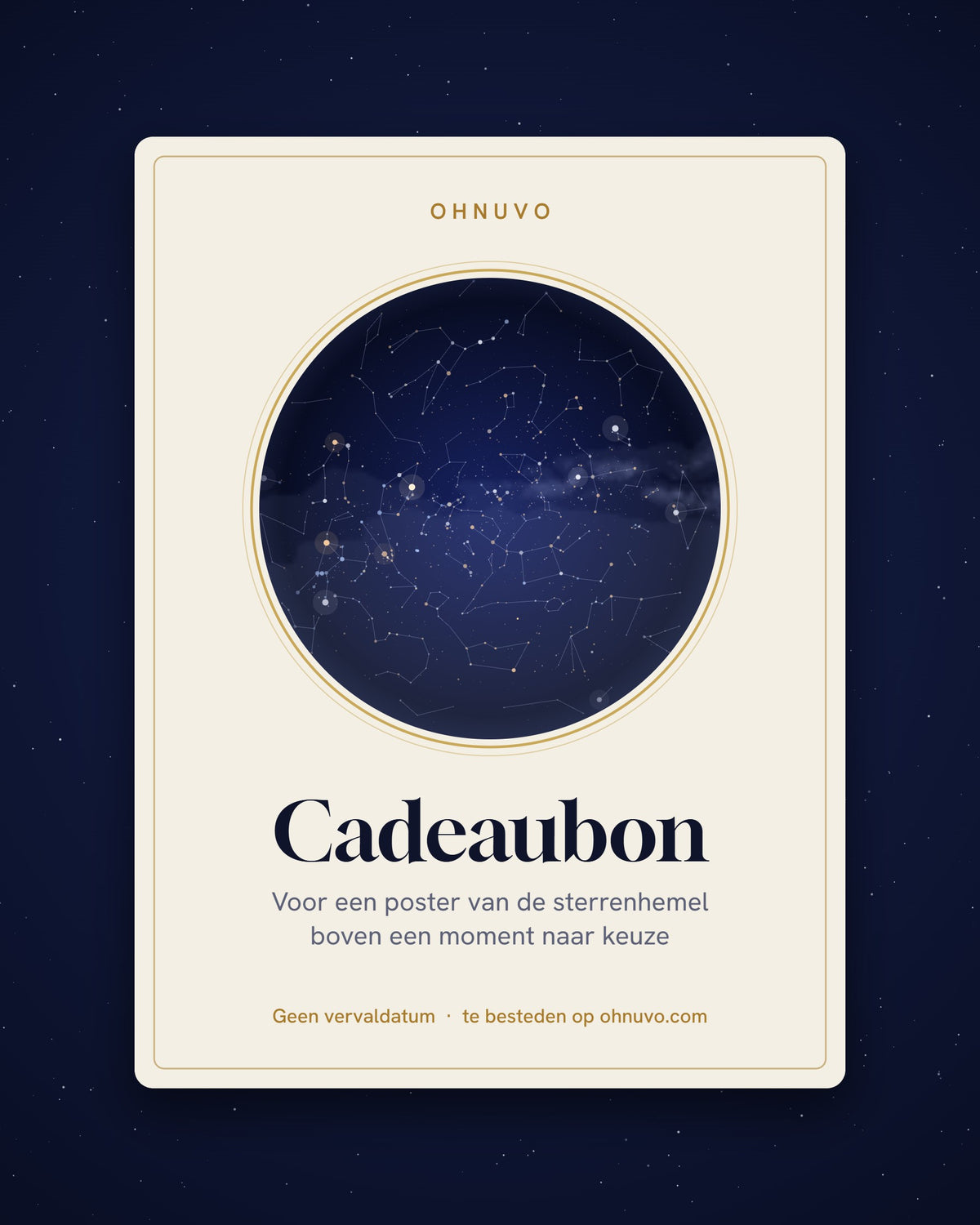 Ohnuvo cadeaubon met een ronde sterrenhemel en de tekst: voor een poster van de sterrenhemel boven een moment naar keuze