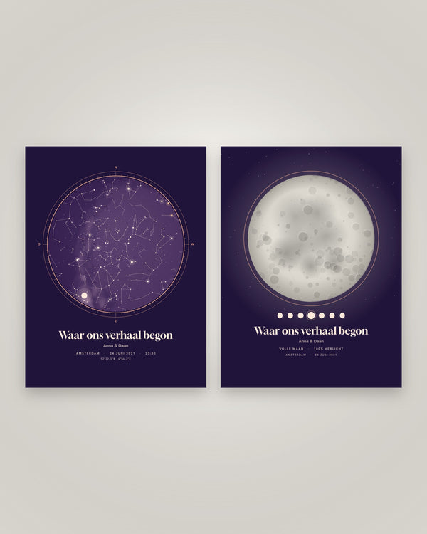 Het ontwerp van de duo-set: sterrenkaart en maanfaseposter van dezelfde nacht