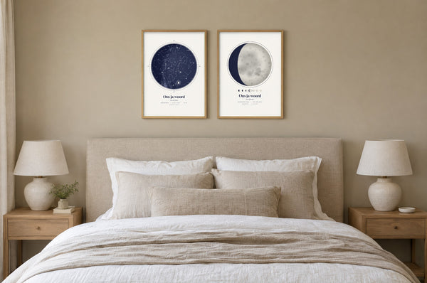 Duo-set: sterrenkaart en maanfaseposter op crèmekleurig papier, naast elkaar boven een bed
