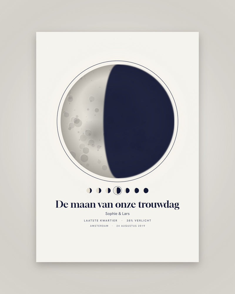 Het ontwerp van de maanfaseposter met de maanstanden van de nachten ervoor en erna