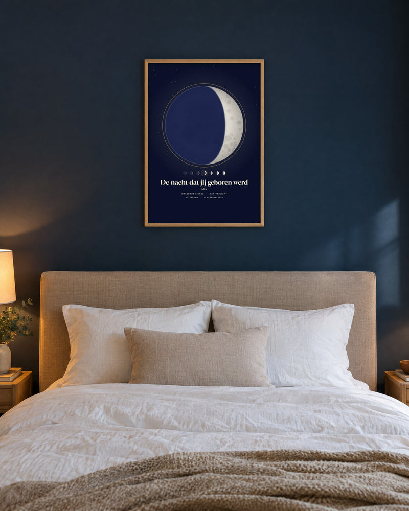 Maanfaseposter in Middernacht met de tekst 'De nacht dat jij geboren werd', boven een bed