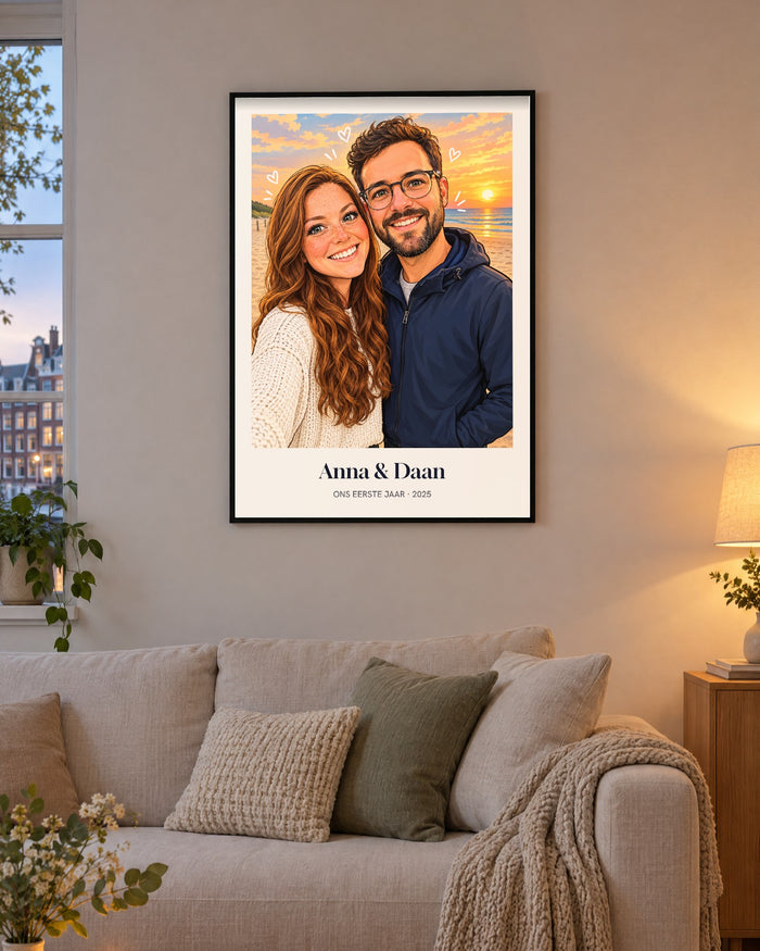 Portretposter in cartoonstijl boven een bank