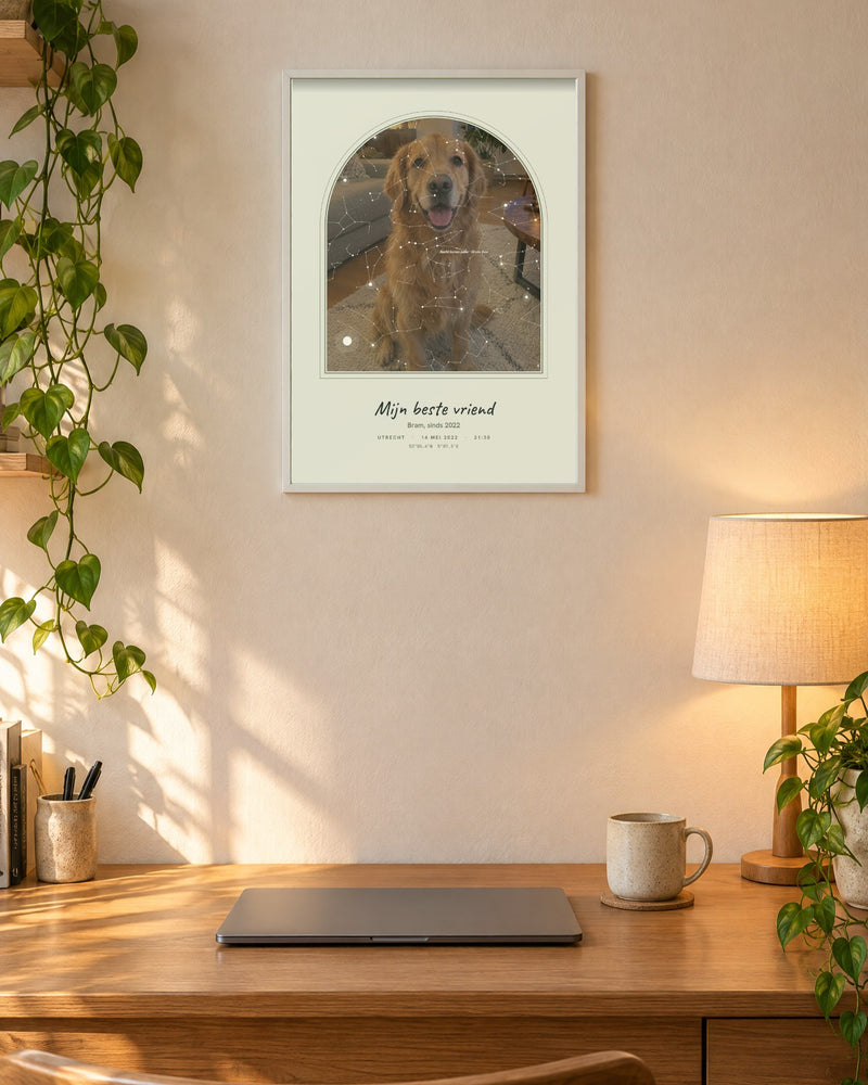 Sterrenkaart met eigen foto van een golden retriever in een boog, stijl Salie, met de tekst 'Mijn beste vriend', boven een bureau